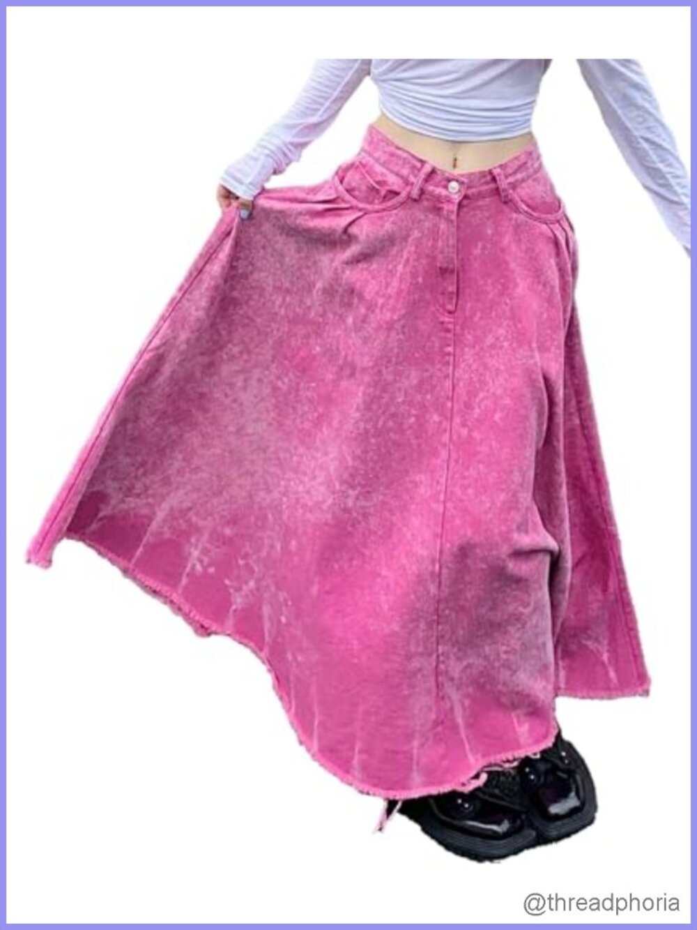 Denim Frayed Maxi Skirt High Waist Ruffle Pleated A-Line Distressed Streetwear